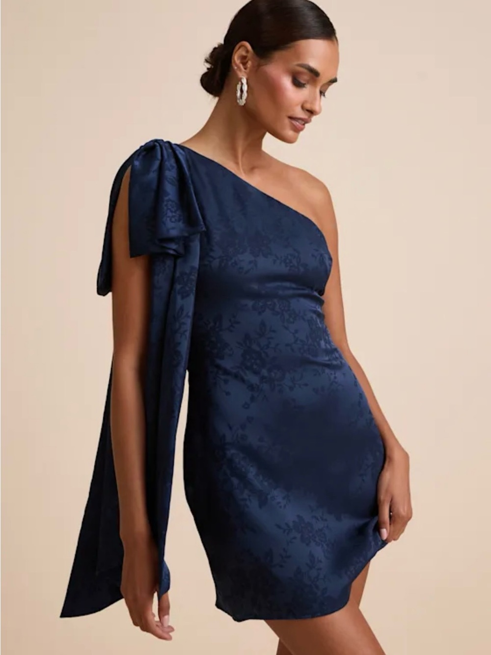 Lulu's One-Shoulder Navy Jacquard Bow Mini Dress